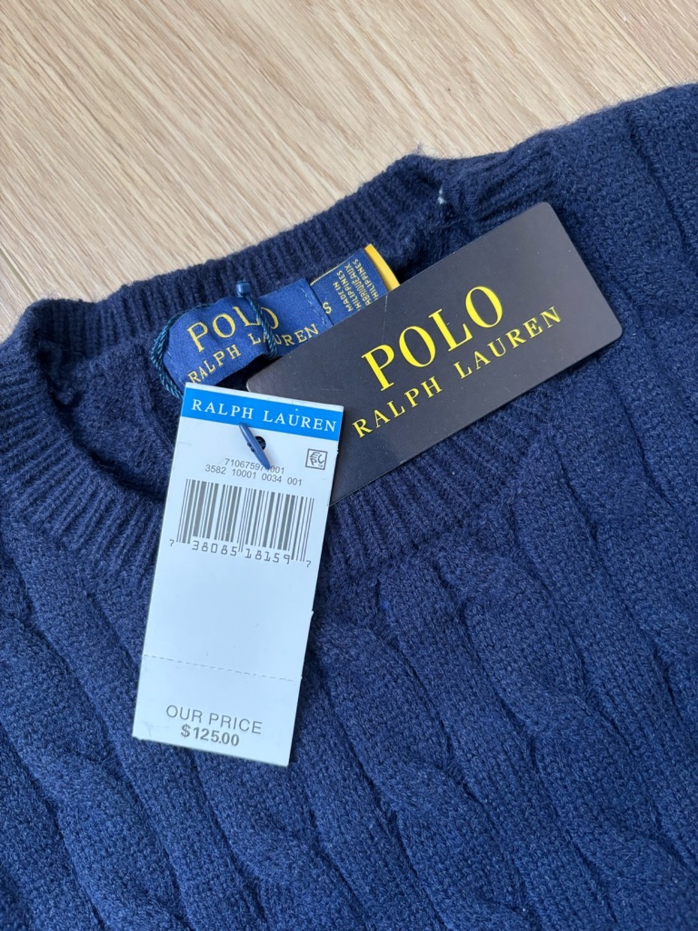 Ralph Lauren Navy Cable-Knit Crewneck Sweater with Red Pony - Picture 2 of 3
